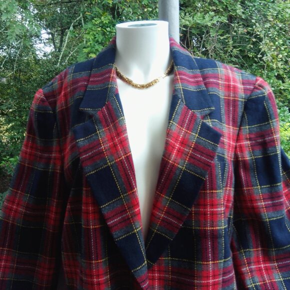 Vintage 80s 90s Wool Plaid Tartan Preppy Academia Oversized Blazer Women Sz 16 - Picture 4 of 8